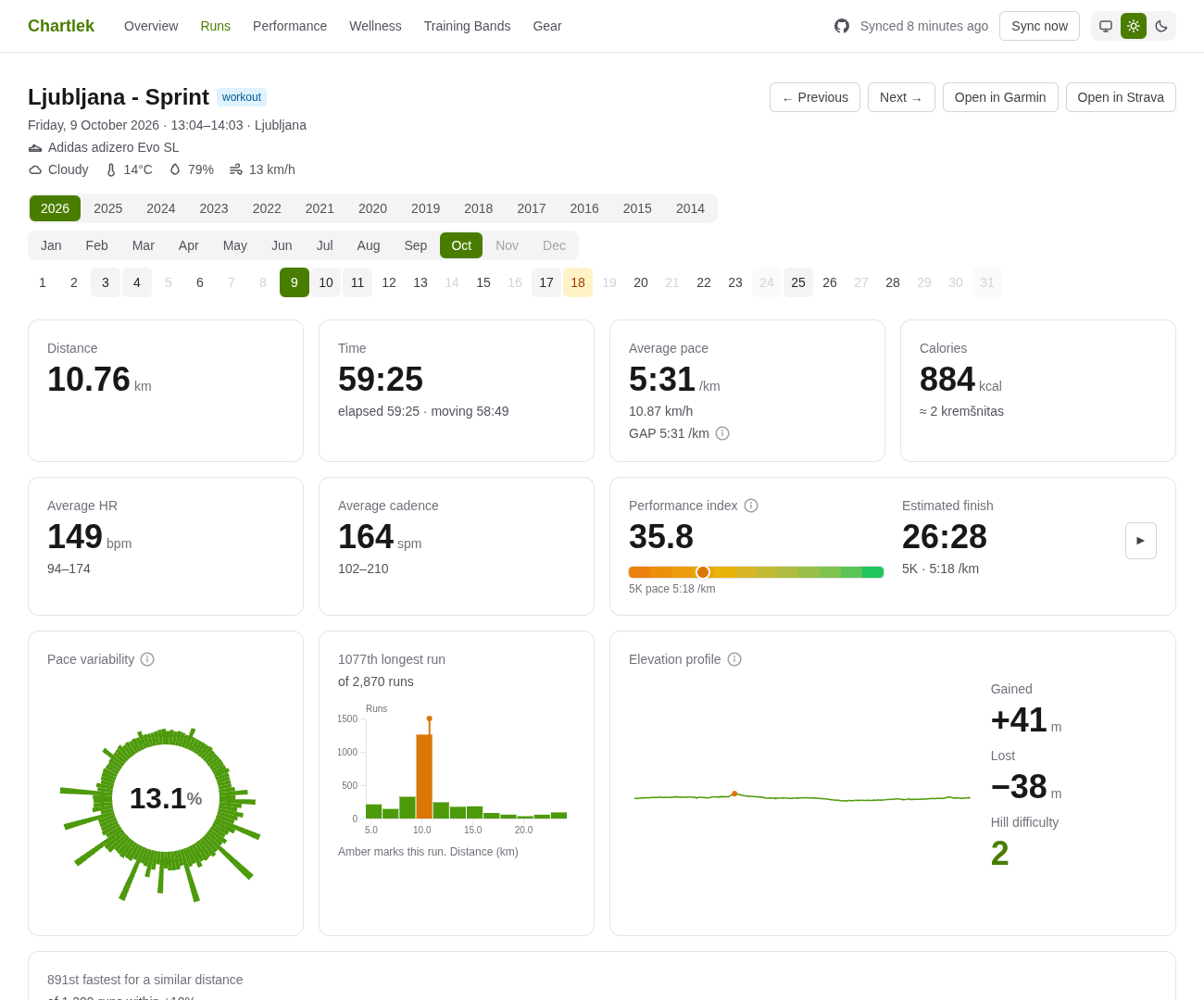 A run page with weather, gear, distance, time, pace, heart rate, a performance index, pace variability wheel and elevation profile.